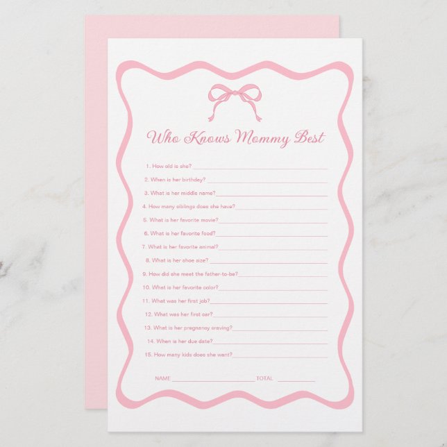 Bow Coquette Baby Shower Who Knows Mummy Best Game (Front/Back)