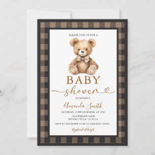 Bow Coquette Bear Boy Baby Shower Plaid Brown Invitation