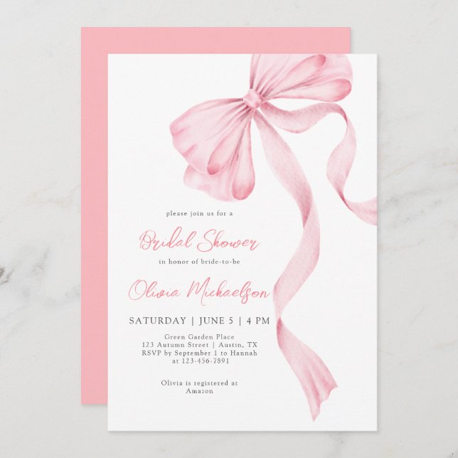 Bow Coquette Blush Blush Ribbon Bridal Shower Invitation (Front/Back)