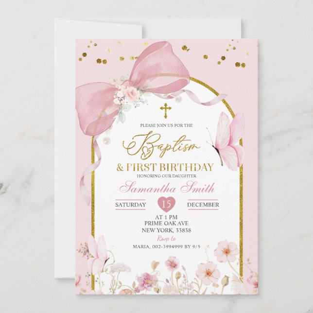 Bow Coquette Blush Pink Baptism & 1st Birthday Invitation (Front)