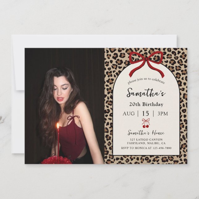 Bow Coquette Leopard Cheetah Birthday Photo Invitation (Front)