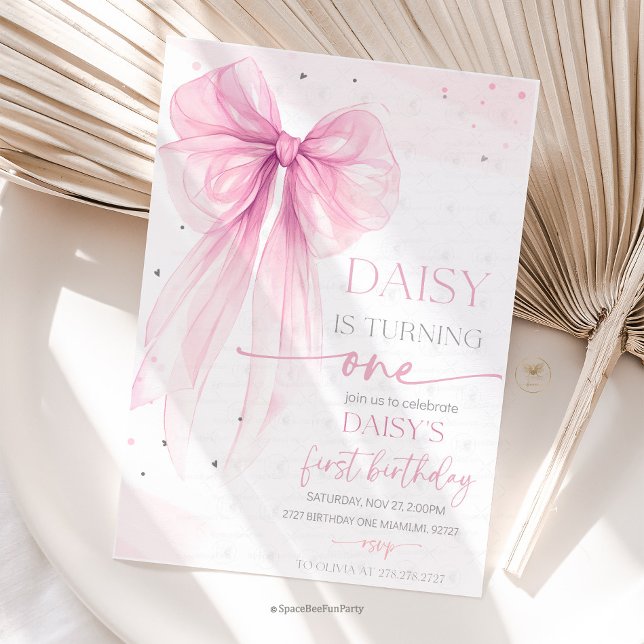 Bow Coquette Pink 1st Birthday  Invitation (Bow Coquette Birthday,Elegant coquette,ribbon pamper party,Bow Any Age Party, Party decoration bow,)