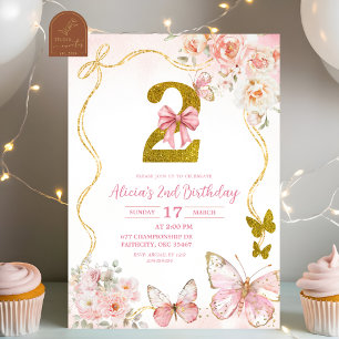 Bow Coquette Pink Butterfly Second Birthday Invitation