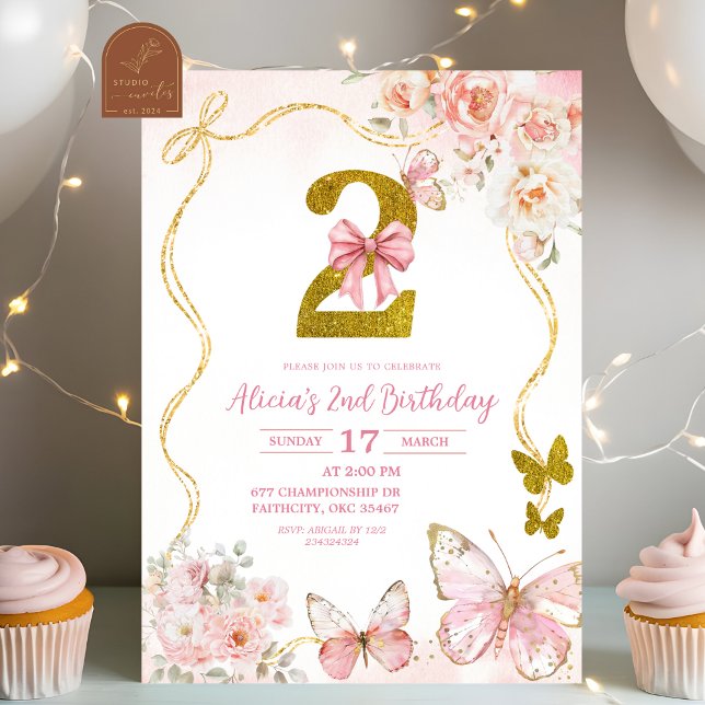 Bow Coquette Pink Butterfly Second Birthday Invitation (Creator Uploaded)