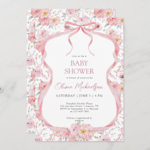 Bow Coquette Pink Floral Ribbon Girl Baby Shower Invitation