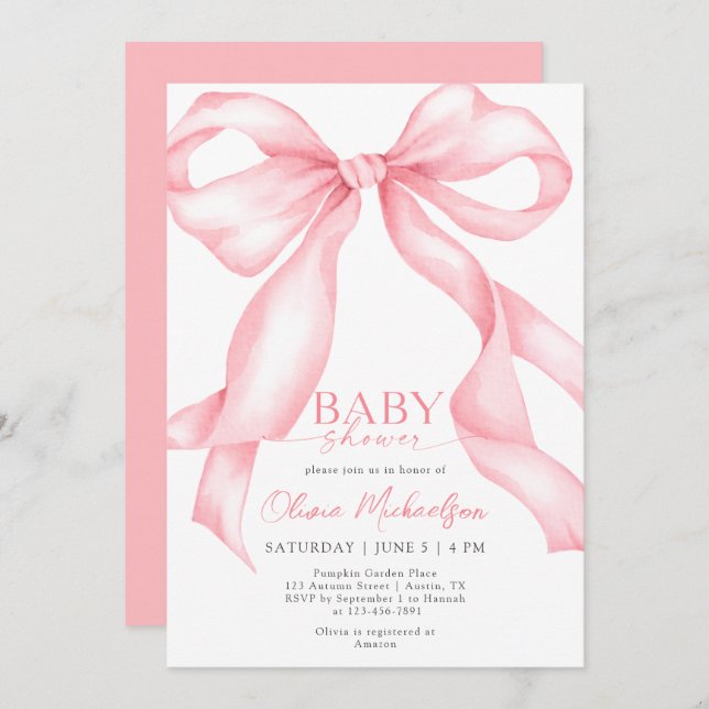Bow Coquette Pink Ribbon Elegant Girl Baby Shower Invitation (Front/Back)