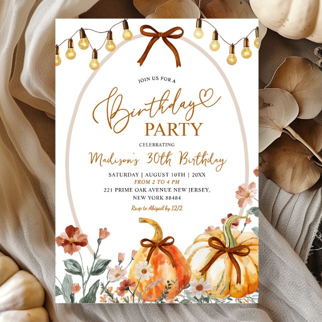 Bow Coquette Pumpkin Wildflower Birthday Party Invitation (Creator Uploaded)