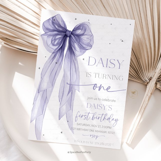 Bow Coquette Purple 1st Birthday  Invitation (Bow Coquette Birthday Invitation )