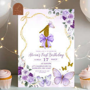Bow Coquette Purple Butterfly First Birthday Invitation