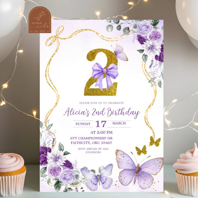 Bow Coquette Purple Butterfly Second Birthday Invitation (Creator Uploaded)