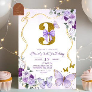 Bow Coquette Purple Butterfly Third Birthday Invitation