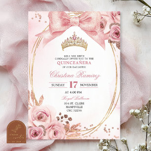 Bow Coquette Rose Gold Quinceanera Invitation
