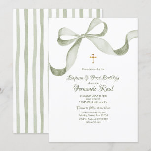 Bow Coquette Sage Green Baptism Elegant  Invitation