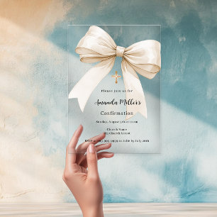 Bow cream beige girl clear Confirmation Acrylic Invitations