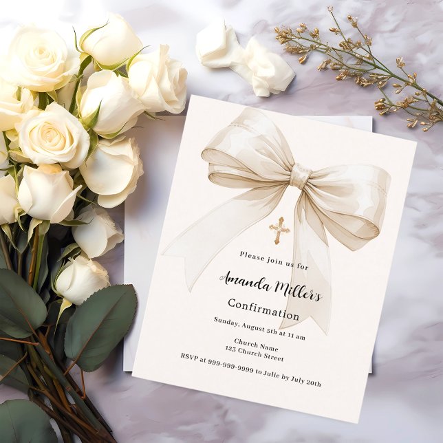 Bow cream beige girl Confirmation invitation (Creator Uploaded)