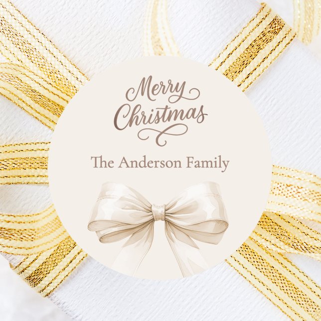 Bow cream beige mocha Christmas Classic Round Sticker (Creator Uploaded)