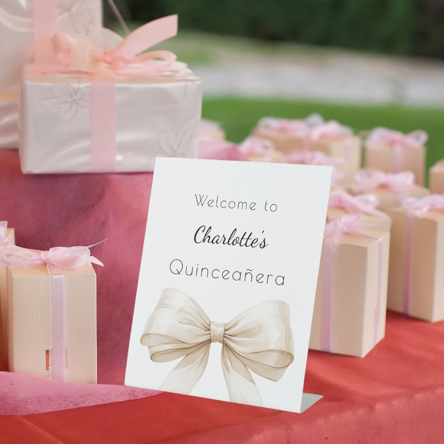 Bow cream beige Quinceanera welcome Pedestal Sign (Creator Uploaded)