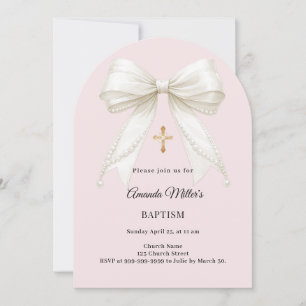 Bow dusty blush pink ivory pearls arch Baptism Invitation