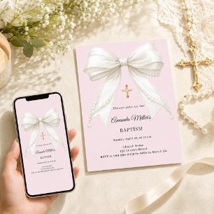 Bow dusty blush pink ivory pearls Baptism Invitation