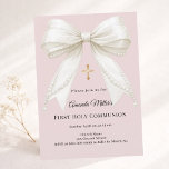 Bow dusty blush pink ivory pearls First Communion Invitation<br><div class="desc">Celebrate her First Holy Communion with this elegant dusty blush pink invitation, featuring a luxurious ivory bow adorned with delicate pearl details and a subtle gold cross. The soft blush background adds a warm, feminine touch while maintaining a timeless and traditional feel—perfect for a Catholic First Communion celebration for girls....</div>