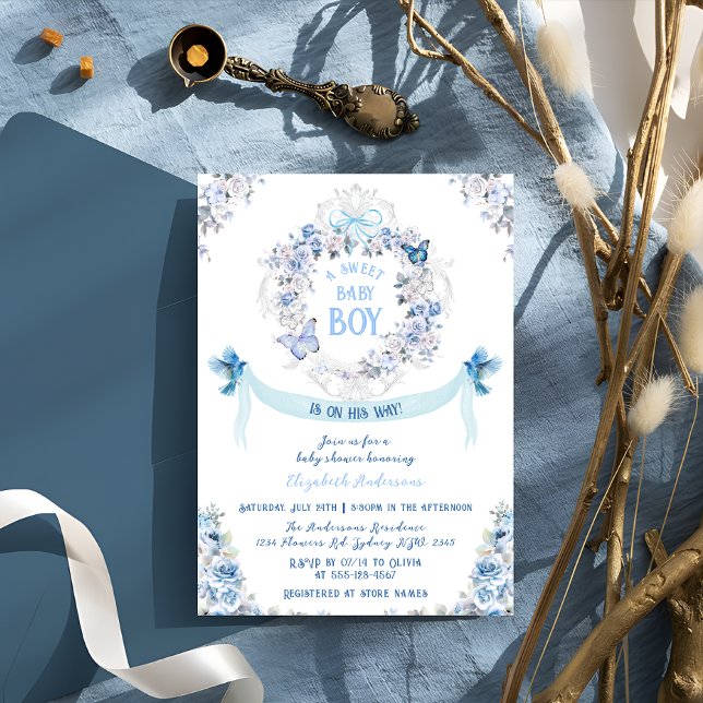 Bow Dusty Floral Crest Sweet Baby Boy Baby Shower Invitation (Creator Uploaded)