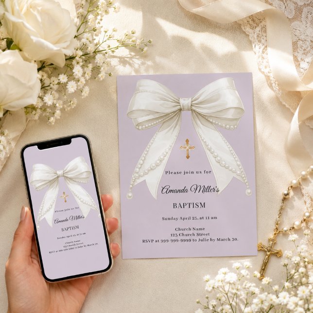 Bow dusty lavender ivory pearls Baptism Invitation (Creator Uploaded)