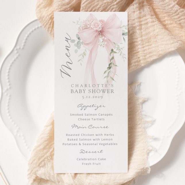 Bow Elegant Greenery Neutral Baby Shower Menu (Creator Uploaded)