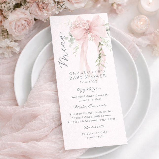 Bow Elegant Greenery Neutral Baby Shower Menu (Creator Uploaded)