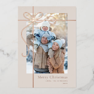 Bow Family Photo Christmas Card Rose Gold Foil