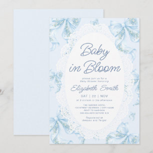 Bow Floral Baby in Bloom Lace Blue Baby Shower Invitation