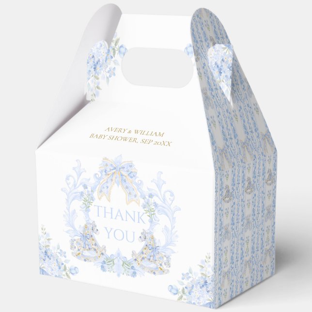 Bow Floral Crest Rustic Blue Boy Baby Shower Favour Box (Front)