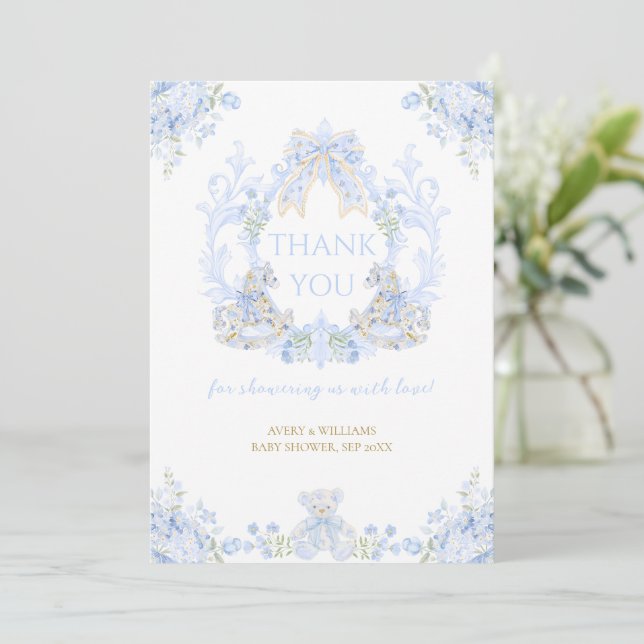 Bow Floral Crest Rustic Blue Boy Baby Shower Thank You Card (Standing Front)