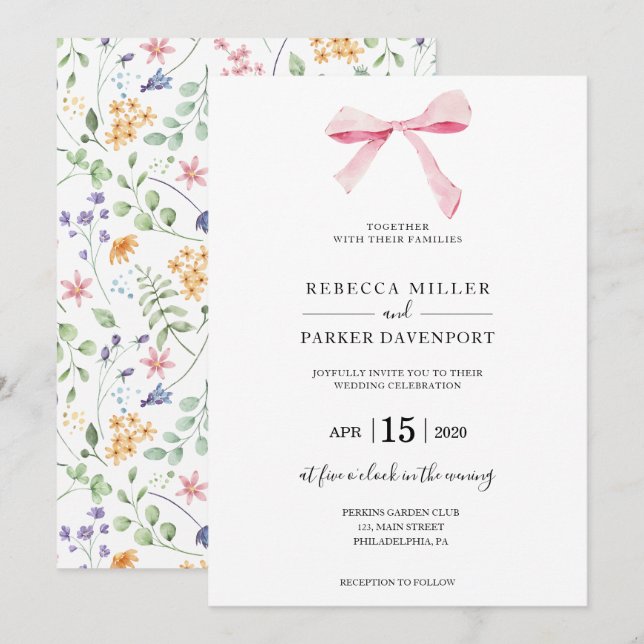 Bow floral elegant trendy Wedding invitation (Front/Back)
