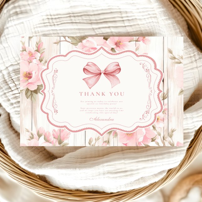  Bow Floral Fancy ONE Girl 1st Birthday  Thank You Card (Creator Uploaded)