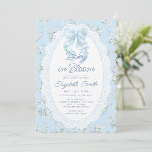 Bow Floral Lace Baby in Bloom Blue Baby Shower Invitation