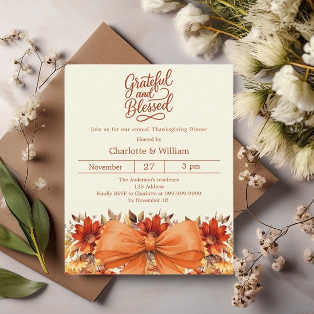 Bow floral orange Thanksgiving dinner invitation (Creator Uploaded)