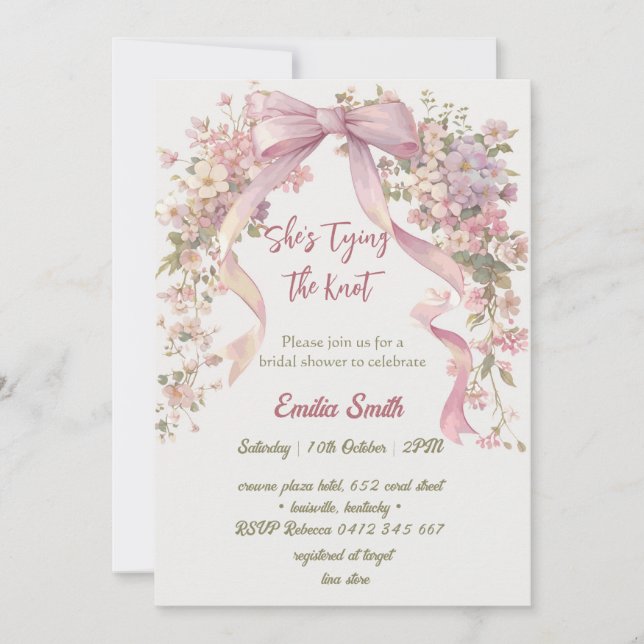  bow floral tying the knot bridal shower invitation (Front)