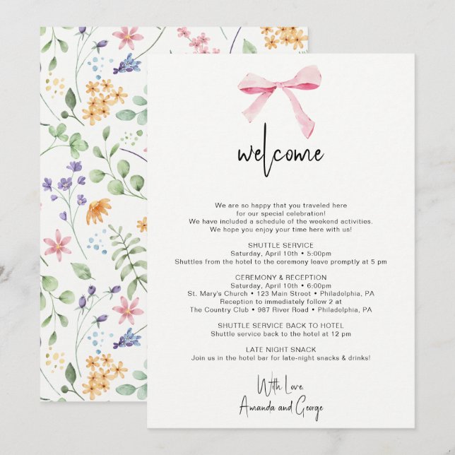 Bow floral Wedding Welcome Bag Letter Itinerary Holiday Card (Front/Back)