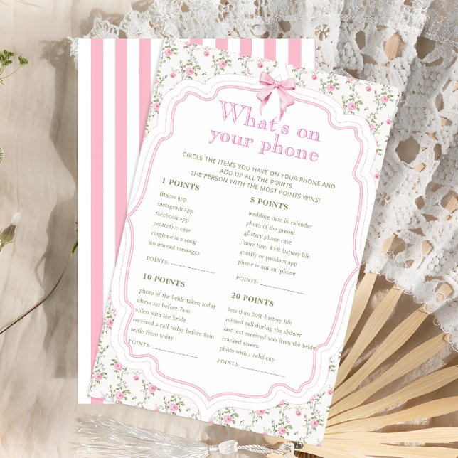 Bow Floral What's On Your Phone Bridal Game Card (Creator Uploaded)