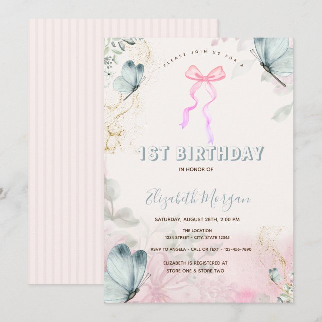 Bow Flowers Blue Butterflies Striped Birthday Invitation (Front/Back)