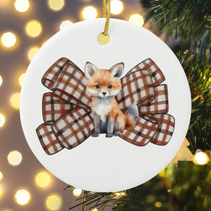 Bow Fox Cute Watercolor Whimsical Christmas Ceramic Tree Decoration