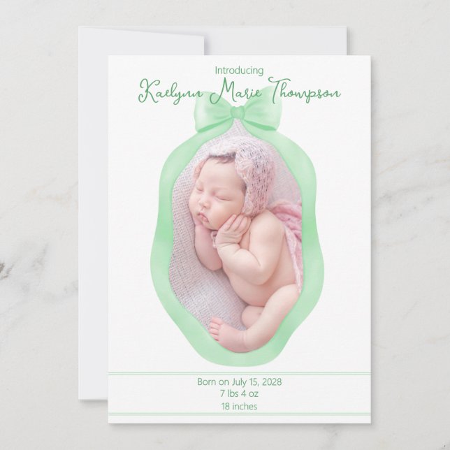 Bow Framed Coquette Green Birth Annoucement Card (Front)