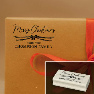 Bow & Garland Merry Christmas Gift From Family Rubber Stamp