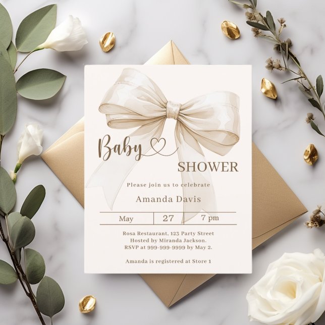 Bow gender neutral beige Baby Shower invitation (Creator Uploaded)