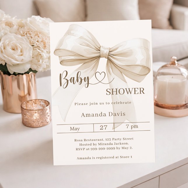 Bow gender neutral beige ivory Baby Shower Invitation (Creator Uploaded)
