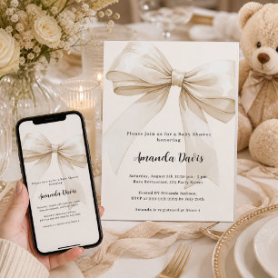 Bow gender neutral ivory beige Baby Shower Invitation