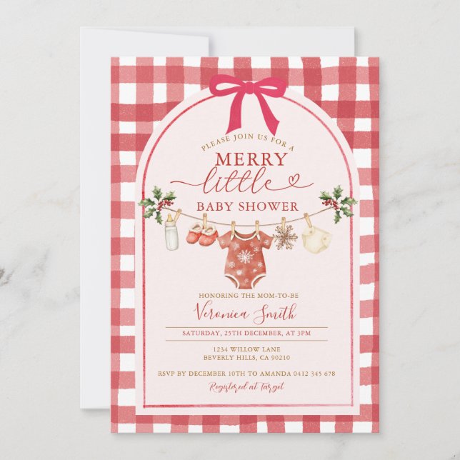 Bow Gingham Clothesline Merry Little Baby Shower Invitation (Front)