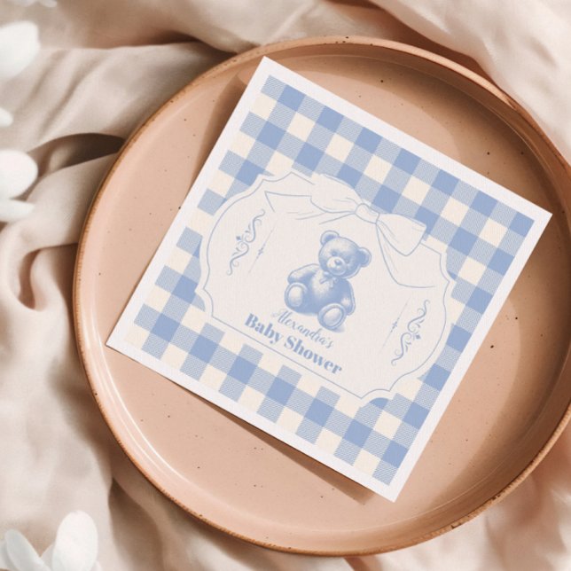 Bow Gingham French Teddy Bear Baby Shower Napkin (Creator Uploaded)