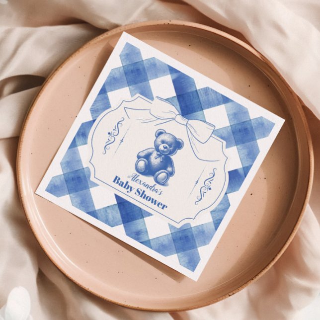 Bow Gingham French Teddy Bear Baby Shower Napkin (Creator Uploaded)