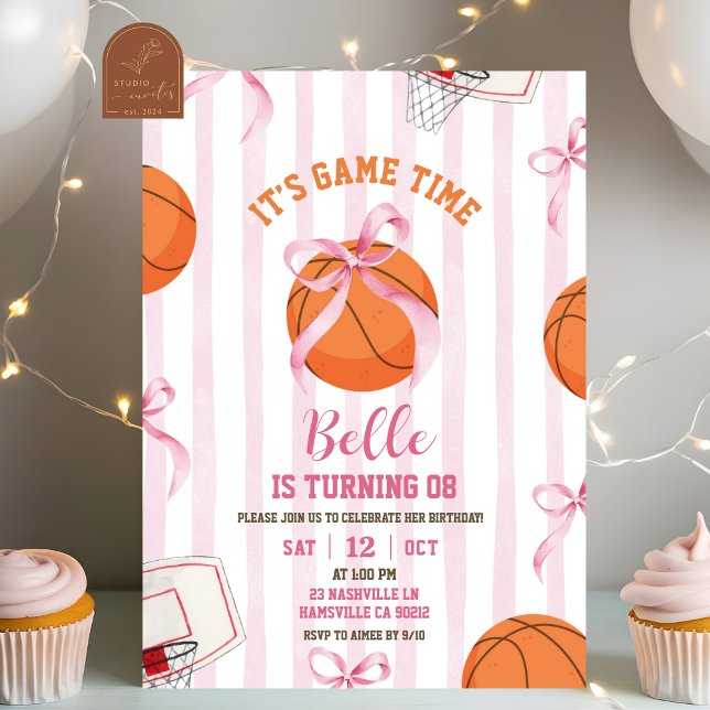 Bow Girl Basketball Birthday Game time Invitation (Creator Uploaded)